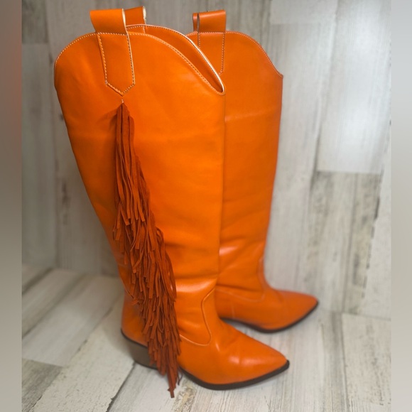 Knee High Faux Leather Tassel Fringe Pointed Toe Cowboy Boots- Orange Size 38 - Picture 7 of 16